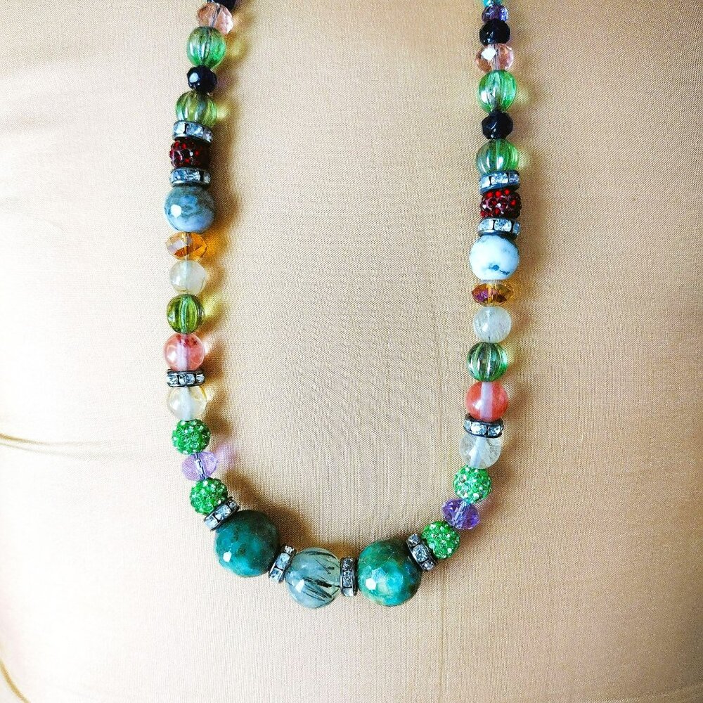 Multi-color Bead Necklace Gemstones Glass Rhinestones Boho Bohemian Hand Crafted